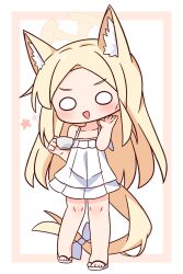 1girl :d absurdres animal_ear_fluff animal_ears bare_arms bare_shoulders blonde_hair blue_archive blush bow brown_background chibi collarbone cup dress forehead fox_ears fox_girl fox_tail full_body halo hana_kazari hand_up highres holding holding_cup large_variant_set long_hair looking_at_viewer o_o open_mouth parted_bangs sandals seia_(blue_archive) sleeveless sleeveless_dress smile solo standing star_(symbol) tail tail_bow tail_ornament two-tone_background v-shaped_eyebrows variant_set very_long_hair white_background white_bow white_dress white_sandals