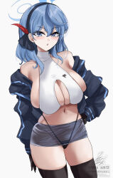 1girl ako_(blue_archive) bare_shoulders black_gloves black_thighhighs blue_archive blue_eyes blue_hair blue_jacket blush breasts cleavage_cutout clothing_cutout gloves grey_skirt hair_between_eyes hair_ribbon hairband halo halterneck highres ibara_azuki jacket large_breasts long_hair long_sleeves looking_at_viewer miniskirt navel pencil_skirt ribbon shirt sideboob skirt sleeveless sleeveless_shirt solo thighhighs thighs white_shirt