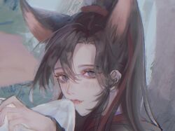 Rule 34 | 1boy, animal ears, black hair, black hanfu, blanket, blush, brown hair, chinese clothes, closed mouth, eyelashes, fang, fang out, fox boy, fox ears, fox tail, grass, hair ribbon, hanfu, highres, holding, holding blanket, kemonomimi mode, long hair, looking at viewer, male focus, modao zushi, ojisan rbt, outdoors, ponytail, purple eyes, red ribbon, ribbon, sidelocks, solo, tail, tree, upper body, wei wuxian