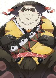 1boy bara barefoot bell belly black_fur bulge chewing claws closed_eyes closed_mouth emu_426 facing_viewer fat fat_man furry furry_male hands_on_own_stomach highres jewelry jingle_bell male_focus multicolored_fur multiple_rings pan_yinhu pawpads ring round_eyewear sitting smile white_background white_fur wok zenless_zone_zero