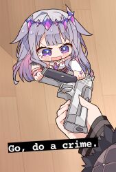 Rule 34 | 1girl, animal ears, bare shoulders, blue hair, blush, chibi, collar, crystal, detached collar, dress, english text, go do a crime (meme), grey hair, gun, hair between eyes, hair ornament, handgun, highres, holding, holding gun, holding weapon, hololive, hololive english, koseki bijou, koseki bijou (1st costume), kukie-nyan, long hair, long sleeves, meme, multicolored hair, open mouth, pink hair, purple eyes, shiori novella, shiori novella (1st costume), smile, virtual youtuber, weapon, white dress, wooden floor
