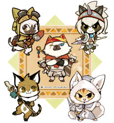 1boy 6+others aa2233a animal_ears animal_hands black_fur blue_eyes brown_eyes brown_fur bugtrapper cat_boy cat_ears cat_tail chef chibi chibi_only chibikemo chinese_commentary colorpoint commentary crossed_arms digitigrade english_commentary felyne fur-trimmed_hood fur_trim furry furry_male goggles grimalkyne hat heterochromia holding holding_polearm holding_weapon hood hood_up horns kadachi_(palico_armor) kirin_(palico_armor) kitchen_felyne leather_(palico_armor) lynx meowscular_chef mixed-language_commentary monster_hunter:_world monster_hunter_(series) multiple_others orange_fur other_focus pawpads player_palico polearm ponytail single_horn tail weapon white_hair yellow_eyes
