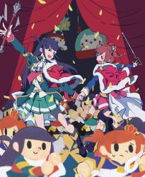 2girls :d aiguillette aijou_karen animal_cutout ankle_boots arm_up ascot back_bow baseball_helmet belt belt_buckle black_boots blue_jacket blunt_bangs boots bow brown_hair buckle cape cat character_cutout chibi commentary confetti crown curtains dancing epaulettes floating floating_object floating_weapon frown green_jacket green_skirt grey_eyes helmet highres holding holding_hands holding_mace holding_sword holding_weapon jacket jacket_on_shoulders lapels leg_up long_hair long_sleeves looking_at_another love_judgement_(mace) mace mini_crown miniskirt multiple_girls open_mouth outstretched_arms partially_open_jacket pink_eyes pleated_skirt poniponinohamu possibility_of_puberty_(sword) purple_hair red_bow red_jacket red_sash red_skirt red_sleeve_cuffs sash shirt short_hair short_twintails shoujo_kageki_revue_starlight shoulder_boards shoulder_sash sidelocks single_horizontal_stripe skirt smile solid_oval_eyes spinning_weapon spotlight stage_curtains standing standing_on_one_leg string sweatdrop sword tassel tsuyuzaki_mahiru twintails two_side_up ufo waist_cape weapon white_ascot white_cape white_shirt white_sleeve_cuffs yellow_belt yellow_trim
