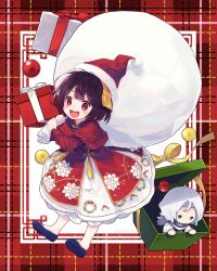 1boy 1girl black_hair blue_shoes box capelet chibi child chinese_clothes christmas commentary floral_print frilled_capelet frills full_body gift gift_box hat highres holding holding_sack in_box in_container kuroda_(kuro_yyy) long_hair looking_at_viewer ofuda open_gift open_mouth original plaid_background pom_pom_(clothes) print_shirt red_capelet red_eyes red_hat red_shirt rei_(kuroda_(kuro_yyy)) sack santa_hat shirt shoes short_hair skirt smile solo_focus standing tassel teeth upper_teeth_only white_hair white_skirt