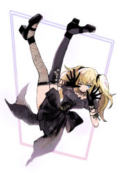 absurdres ani_(xai) azuki_nene belt black_corset black_dress black_gloves blonde_hair blue_eyes breasts choker corset dress fishnets gloves goth_fashion heart highres large_breasts short_dress simple_background twintails twitter