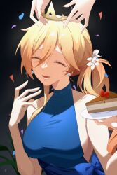 1girl 1other absurdres birthday black_background blonde_hair blue_dress breasts cake commentary_request confetti crown dress durandal_(honkai_impact) food highres holding holding_plate honkai_(series) honkai_impact_3rd large_breasts long_hair plate sideboob smile upper_body youmiao_oxo