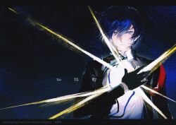 1boy black_gloves black_jacket blue_eyes blue_hair collared_shirt english_text gloves highres jacket looking_at_viewer male_focus persona persona_3 qchng shirt short_hair solo white_shirt yuuki_makoto_(persona_3)