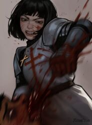 1boy 1girl armor attack black_hair blood blood_on_armor blood_on_clothes blood_on_face blue_eyes blunt_bangs chainmail clenched_teeth cross cross_necklace cross_print crying crying_with_eyes_open dated gauntlets grey_background guro highres jewelry necklace parted_lips short_hair shoulder_armor signature simple_background stronghold_crusader tears teeth vankraut white_background