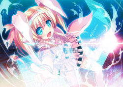 1girl animal_ears blonde_hair blue_eyes bracelet rabbit_ears dinyc fang female_focus headphones holographic_interface holographic_monitor jewelry monitor original plaid pointing skirt solo thighhighs zettai_ryouiki