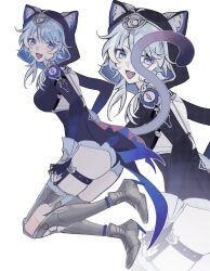 1girl animal_ear_fluff animal_ears black_gloves black_leotard boots breasts cat_ears cat_girl cat_tail cipher_(honkai:_star_rail) commentary_request fang fingerless_gloves from_side gloves gold_boots grey_hair highres honkai:_star_rail honkai_(series) hooded_leotard leotard medium_breasts open_mouth short_hair_with_long_locks simple_background solo tail thighs uvj9x2 white_background zoom_layer