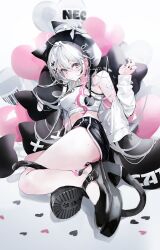 1girl bare_shoulders black_shorts blush breasts cat_tail commentary gauze_on_arm hair_ornament heart highres jacket long_hair looking_at_viewer off_shoulder original parted_lips red_eyes shia_job shirt shorts sleeveless sleeveless_shirt solo tail twitter_username white_hair white_jacket white_shirt