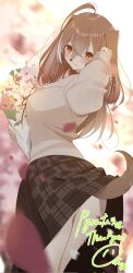 1girl ahoge blurry blurry_background bouquet brown_eyes brown_hair brown_hoodie brown_skirt clothes_lift cowboy_shot dog_girl dog_tail falling_petals flower furry highres holding holding_bouquet hololive hololive_english hood hoodie long_hair long_skirt looking_at_viewer multicolored_hair nanashi_mumei nanashi_mumei_(casual) oversized_clothes petals plaid_clothes plaid_skirt skirt skirt_lift smile streaked_hair tail thighs virtual_youtuber yongen_yu
