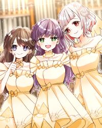3girls :d bare_shoulders braid breasts brown_hair closed_mouth collarbone colored_inner_hair commentary_request cowboy_shot crown_braid dated diagonal_bangs dress flower-shaped_hair frilled_dress frills fujishima_megumi green_eyes highres index_finger_raised itsudemo_itsumademo_(love_live!) jewelry kanduki_kamibukuro large_breasts link!_like!_love_live! long_hair looking_at_viewer love_live! medium_breasts medium_dress multicolored_hair multiple_girls necklace off-shoulder_dress off_shoulder official_alternate_costume open_mouth otomune_kozue purple_eyes purple_hair red_eyes red_hair revision short_hair smile split_mouth streaked_hair two_side_up virtual_youtuber white_hair yellow_dress yugiri_tsuzuri
