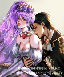 1boy 1girl alternate_costume bare_shoulders black_hair commission commissioner_upload fire_emblem fire_emblem:_genealogy_of_the_holy_war fire_emblem:_thracia_776 flower hair_ornament highres hug hug_from_behind ishtar_(bride)_(fire_emblem) ishtar_(fire_emblem) long_hair moonieashy muni_luny nintendo official_alternate_costume ponytail purple_eyes purple_hair reinhardt_(fire_emblem) rose side_ponytail smile veil vgen_commission