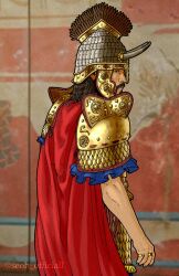 1boy armor black_hair blue_eyes bronze_armor cape fake_horns from_behind greek_mythology helmet highres horned_helmet horns jewelry male_focus matt_damon odysseus_(mythology) red_cape ring seoh_officiall shoulder_armor solo twitter_username