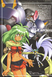 2girls armor bow character_name crescens dark-skinned_female dark_skin dress drill_hair emerada_(xenogears) green_hair hair_bow maria_balthasar mecha midriff multiple_girls pantyhose pauldrons robot scarf seibzehn shoulder_armor silver_hair skirt torn_clothes xenogears yellow_eyes