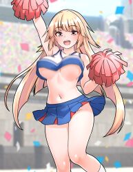 1girl :d absurdres blonde_hair blue_skirt blush breasts brooklyn_(kancolle) cheerleader commentary_request confetti cropped_shirt furaggu_(frag_0416) highres holding holding_pom_poms kantai_collection kneehighs knees large_breasts long_hair looking_at_viewer midriff navel open_mouth pom_pom_(cheerleading) pom_poms shirt skirt sleeveless sleeveless_shirt smile socks solo standing stomach teeth thighs tongue underboob upper_teeth_only variant_set very_long_hair white_socks