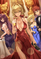 Rule 34 | 1boy, 3girls, :o, :t, ahoge, alcohol, alternate costume, aqua eyes, arm at side, artoria pendragon (fate), back, backless dress, backless outfit, bag, bare arms, bare shoulders, black bow, black jacket, black neckwear, blonde hair, blue dress, blue ribbon, blurry, blurry background, blush, bow, bowtie, breasts, brown eyes, cake, champagne, champagne flute, cleavage, closed mouth, collarbone, cup, depth of field, dress, drinking glass, dutch angle, emiya shirou, evening gown, fate (series), feet out of frame, fine art parody, food, formal clothes, green eyes, hair between eyes, hair intakes, hair ribbon, halter dress, halterneck, handbag, highres, holding, holding bag, holding cup, holding own arm, indoors, jacket, jealous, large breasts, lens flare, long hair, looking at viewer, looking to the side, medium breasts, mona lisa, multiple girls, neco-arc, nero claudius (fate), nero claudius (fate/extra), no bra, open mouth, painting (object), parody, parted lips, pelvic curtain, pink lips, pout, purple dress, purple hair, rainmaker, red dress, red eyes, red hair, red ribbon, ribbon, saber (fate), scathach (fate), short hair, sideboob, sidelocks, simple background, sleeveless, sleeveless dress, sparkle, standing, statue, strapless, strapless dress, suit, sweat, table, thighs, v-shaped eyebrows