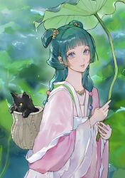 1girl backpack_basket beaded_hair_ornament black_cat blue_eyes blunt_bangs blurry blurry_background blush cat chinese_clothes earrings green_hair hair_ornament hanfu highres holding holding_plant jewelry kusuriya_no_hitorigoto long_hair long_sleeves looking_at_viewer maomao_(kusuriya_no_hitorigoto) necklace parted_lips plant sumi_(suumiko_) upper_body water_drop wide_sleeves