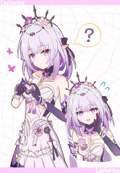 1girl ? absurdres asymmetrical_gloves black_tiara breasts castorice_(honkai:_star_rail) character_name commentary_request cropped_torso dress elbow_gloves flower gloves hair_flower hair_ornament highres honkai:_star_rail honkai_(series) kuroi_taimu long_hair medium_breasts multiple_views pointy_ears purple_eyes purple_gloves purple_hair simple_background spoken_question_mark tiara uneven_gloves white_background white_dress