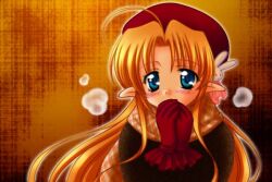 1girl 2000s_(style) ahoge bad_id beret black_sweater blue_eyes blush commentary_request frilled_gloves frills gloves hair_ornament hat lea_sakura long_hair looking_at_viewer orange_background orange_hair original pointy_ears rabbit_hair_ornament red_gloves red_hat solo sweater upper_body