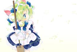 1girl ahoge animal_hat apron baron-0628 bell black_dress blue_eyes broom cat_hat closed_mouth dejiko di_gi_charat dress green_hair hat highres holding holding_broom jingle_bell looking_to_the_side mittens neck_bell short_hair solo upper_body white_apron white_mittens