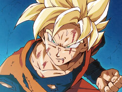 Rule 34 | 1boy, bishoujo senshi sailor moon, bishoujo senshi sailor moon s, blonde hair, blood, clenched hand, clenched teeth, commentary request, crack, cracked floor, derivative work, dougi, dragon ball, highres, injury, male focus, masaki kei, meme, pectorals, sailor moon redraw challenge (meme), solo, son goku, spiked hair, super saiyan, super saiyan 1, teeth