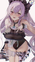 Rule 34 | 1girl, arknights, bare shoulders, black hairband, black horns, black leotard, blush, breasts, cleavage, covered navel, fake horns, hairband, highres, horn hairband, horns, kyuu (q des9), large breasts, leotard, long hair, looking at viewer, open mouth, pink eyes, purple hair, red eyes, single thighhigh, smile, solo, thighhighs, typhon (arknights), wrist cuffs