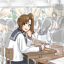 Rule 34 | annko, brown eyes, classroom, curtains, desk, futami mami, idolmaster, idolmaster (classic), looking at viewer, pen spinning, sailor collar, school desk, school uniform, side ponytail, single sidelock, smile, window
