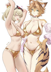 2girls :3 animal_ear_fluff animal_nose arm_out_of_frame armpits arms_up bikini black_collar black_nails blonde_hair breasts burnice_white cheetah_ears cheetah_girl cheetah_tail closed_eyes closed_mouth collar commentary cowboy_shot detached_sleeves embarrassed english_commentary eyewear_on_head frilled_sleeves frills furry furry_female furry_with_non-furry gold_bikini golden_week green_eyes highres interspecies large_breasts looking_at_viewer medium_breasts medium_hair multicolored_fur multiple_girls nail_polish navel notice_lines open_mouth parted_bangs pulchra_fellini red-tinted_eyewear red_nails salmon88 sidelocks simple_background skindentation smile standing stomach string_bikini sunglasses sweat swimsuit teeth tinted_eyewear twintails twitching upper_teeth_only white_background white_sleeves zenless_zone_zero
