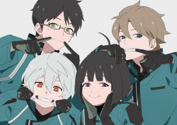 1girl 3boys ahoge amatori_chika black_gloves black_hair blue_eyes bob_cut brown_hair cheek_pinching cheek_poking cheek_squash clenched_teeth closed_mouth finger_in_own_mouth finger_to_mouth glasses gloves green_eyes grey_background grey_hair grin hair_between_eyes hand_on_another&#039;s_head hands_up hyuse kuga_yuuma long_sleeves looking_at_viewer mikumo_osamu mouth_pull multiple_boys pinching pointing pointing_at_self poking portrait purple_eyes semi-rimless_eyewear simple_background smile spoilers sweatdrop taking_picture teeth under-rim_eyewear uniform upper_body white_hair world_trigger yawai_tofu