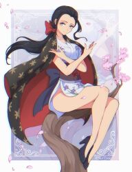 Rule 34 | 1girl, blue eyes, bow, cherry blossoms, closed mouth, commentary, crossed arms, english commentary, eyelashes, floral print, floral print kimono, full body, hair bow, haori on shoulders, high heels, japanese clothes, kimono, looking at viewer, low ponytail, nico robin, nico robin (onigashima), obi, one piece, ponytail, print kimono, red bow, sash, short kimono, side slit, sidelocks, sitting, skyvixie, sleeveless, sleeveless kimono, smile, solo, white kimono