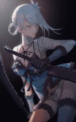 1girl bandaged_arm bandaged_leg bandaged_neck bandages black_gloves braid breasts cleavage detached_sleeves dual_wielding flower gloves gradient_background hair_flower hair_ornament highres holding holding_sword holding_weapon jagged_sword jiemojiemo kaine_(nier) lingerie medium_breasts negligee nier nier_(series) single_bare_shoulder sword thigh_strap underwear weapon white_hair yellow_eyes
