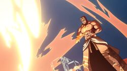 1boy 2025 anime_screenshot blonde_hair cityscape fatal_fury fatal_fury:_city_of_the_wolves fire garou:_mark_of_the_wolves geese_howard hakama japanese_clothes kimono muscular muscular_male oobari_masami power_geyser shirtless_male yukata