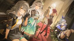 1boy 4girls absurdres ass black_capelet black_gloves black_hair black_jacket black_pantyhose black_shorts black_skirt blade_(honkai:_star_rail) breasts capelet crop_top cup dress drill_hair drinking_glass firefly_(honkai:_star_rail) gloves goggles goggles_on_head green_dress grey_eyes grey_hair happyongdal high-waist_shorts high_heels highres holding holding_cup honkai:_star_rail honkai_(series) jacket kafka_(honkai:_star_rail) long_hair looking_at_viewer miniskirt multiple_girls own_hands_together pantyhose purple_eyes shirt shorts silver_wolf_(honkai:_star_rail) sitting skirt smile standing stellaron_hunters_(honkai:_star_rail) stelle_(honkai:_star_rail) thigh_strap thighs trailblazer_(honkai:_star_rail) v very_long_hair white_shirt wine_glass yellow_eyes