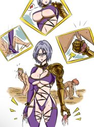Rule 34 | 1girl, 2boys, ball busting, breasts, castration, cum, ejaculation, grey hair, heart, isabella valentine, multiple boys, ocigart, soul calibur, spoken heart, squeezing testicles, stepped on, testicles, underboob