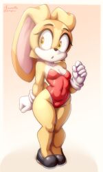 1girl arm_at_side artist_name azuretto bare_shoulders black_shoes body_fur border breasts clenched_hands collarbone covered_navel cream_the_rabbit female_focus full_body furry furry_female gloves gradient_background groin hand_up legs legs_together leotard long_ears looking_to_the_side multicolored_fur open_mouth orange_background playboy_bunny rabbit_ears rabbit_girl rabbit_tail red_leotard shoes short_tail shortstack signature simple_background small_breasts solo sonic_(series) standing strapless strapless_leotard tail thick_thighs thighs twitter_x_logo white_border white_fur white_gloves wide-eyed wide_hips yellow_eyes yellow_fur
