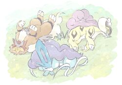 Rule 34 | animal focus, claws, closed eyes, commentary request, entei, fangs, flower, gen 2 pokemon, grass, highres, legendary pokemon, lying, nintendo, no humans, open mouth, pokemon, pokemon (creature), pokemon sleep, raikou, suicune, toneko