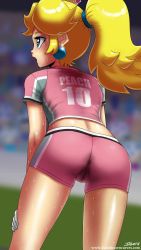 1girl ass blonde_hair blue_eyes cameltoe crown female_focus gloves highres john_joseco long_hair mario_(series) mario_strikers_(series) nintendo open_mouth ponytail princess_peach shorts soccer solo super_mario_bros._1 super_mario_strikers sweat
