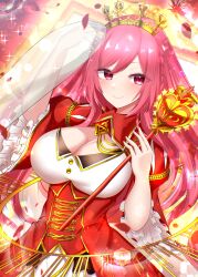 Rule 34 | 1girl, absurdres, amamiya kure, bemani, blush, breasts, bug, butterfly, cleavage, closed mouth, crown, dress, glint, highres, holding, insect, large breasts, long hair, looking at viewer, petals, pink hair, rasis, rasis (everlasting message), red dress, red eyes, short sleeves, smile, solo, sound voltex, sparkle, tiara, very long hair