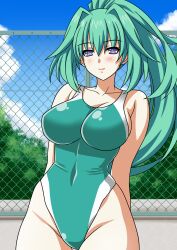 1girl absurdres arms_behind_back blue_sky breasts chain-link_fence choujigen_game_neptune cloud competition_swimsuit covered_navel cowboy_shot day fence green_hair green_heart_(neptunia) green_one-piece_swimsuit highleg highleg_one-piece_swimsuit highres large_breasts long_hair looking_at_viewer neptune_(series) one-piece_swimsuit outdoors ponytail power_symbol-shaped_pupils purple_eyes sky solo swimsuit symbol-shaped_pupils yuuyuu_(3jjbn)