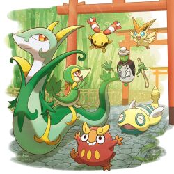 bamboo bamboo_forest blue_eyes chingling colored_skin creatures_(company) darumaka dunsparce forest game_freak gen_2_pokemon gen_4_pokemon gen_5_pokemon green_skin legendary_pokemon multiple_torii mythical_pokemon nature nintendo no_humans orange_fur outdoors plant pokemon pokemon_(creature) poltchageist red_eyes red_fur serperior snivy stone_floor torii victini wataame4907 yellow_fur yellow_skin