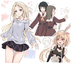 5girls :3 ? animal_ear_hairband animal_ears bare_shoulders black_hair black_skirt blonde_hair blunt_bangs blunt_ends bob_cut breasts brown_hair bullfalk cat_ears character_request cherry_blossoms chibi chibi_inset cleavage cleavage_cutout clothing_cutout commentary_request copyright_request cowboy_shot dress eighth_note fake_animal_ears flying_sweatdrops frown green_eyes grey_eyes grey_sweater hairband hasu_no_sora_school_uniform heart_cutout highres holding_back inward_v jewelry jitome kachimachi_kosuzu link!_like!_love_live! long_sleeves love_live! medium_breasts miniskirt momose_ginko multiple_girls musical_note neckerchief necklace parted_bangs plaid_clothes plaid_skirt pleated_skirt rabbit_ear_hairband rabbit_ears sailor_collar sailor_dress school_uniform shaded_face short_hair single_bare_shoulder single_off_shoulder skirt sleeves_past_wrists smile standing star_(symbol) star_necklace strap sweat sweater underbust v white_hairband white_sailor_collar winter_uniform yellow_neckerchief