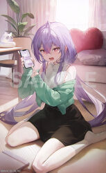 1girl ahoge bare_shoulders black_skirt blush book cardigan cellphone chair colored_bangs commentary_request company_name copyright_notice couch cropped_cardigan crossed_bangs curtains earrings eyelashes fingernails flower_earrings gold_earrings gradient_hair green_cardigan hair_between_eyes hands_up heart heart-shaped_pillow highres holding holding_phone index_finger_raised indoors jewelry kozue_mone light_particles long_hair long_sleeves looking_at_viewer mmlyno multicolored_hair nail_polish necklace nijisanji off_shoulder official_art on_floor open_cardigan open_clothes open_mouth phone pillow pink_eyes pink_hair pink_nails plant pointing purple_hair rug sample_watermark shirt sidelocks sitting skirt sleeveless sleeveless_shirt sleeves_past_wrists smartphone socks solo table tearing_up teeth turtleneck v-shaped_eyebrows very_long_hair virtual_youtuber wariza watermark white_shirt white_socks window wooden_floor
