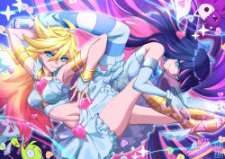 Rule 34 | 2girls, ahoge, blonde hair, blue hair, breasts, chuck (psg), closed mouth, colored inner hair, crop top, gold shoes, hair ornament, heart, heart hair ornament, high heels, highres, honekoneko (psg), indoors, looking at viewer, medium breasts, multicolored hair, multiple girls, nail polish, neko (itsmrsneko), panty &amp; stocking with garterbelt, panty (psg), purple hair, purple nails, shirt, shoes, siblings, sisters, skirt, smile, stocking (psg), streaked hair, toenail polish, toenails, white shirt, white skirt