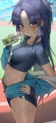 1girl blue_archive blue_buruma blush buruma field gym_uniform hand_on_own_hip heavy_breathing highres id_card jacket lanyard looking_at_viewer navel outdoors partially_unzipped ponytail purple_eyes purple_hair running_track solo sports_drink sportswear stadium star_(symbol) sticker_on_face sweat thighs toned track_jacket yerim yuuka_(blue_archive) yuuka_(track)_(blue_archive)