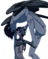 Rule 34 | 2boys, animal feet, bird legs, black eyes, black hair, black wings, chino (sky tanosi), claws, commentary request, completely nude, constricted pupils, emaciated, feathered wings, fingernails, harpy boy, highres, hollow eyes, looking at another, male focus, monster boy, multiple boys, nude, original, sharp fingernails, short hair, simple background, skinny, white background, wings