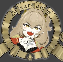 Rule 34 | 1girl, :d, azur lane, black bra, bra, breasts, brown hair, chibi, chibi only, cleavage, copyright name, epaulettes, fangs, hair between eyes, hair intakes, lace, lace-trimmed bra, lace trim, large breasts, lion (azur lane), logo parody, looking at viewer, metro-goldwyn-mayer, open mouth, orange eyes, pikiti002, royal navy emblem (azur lane), smile, solo, underwear