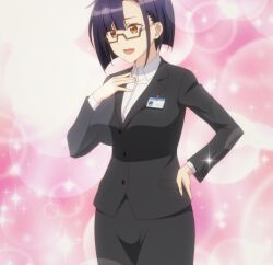 1girl anime_screenshot breasts glasses hand_on_own_chest hand_on_own_hip highres large_breasts legs nias_carlin office_lady open_mouth orange_eyes ore_wa_seikan_kokka_no_akutoku_ryoushu! purple_hair short_hair skirt solo stitched thighs third-party_edit tongue