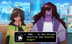 1girl 1other alternate_skin_color colored_skin colored_teeth crossover dark_skin deltarune freckles furry furry_female highres hood hoodie jacket kris_(deltarune) long_hair open_clothes open_jacket parody project_sekai purple_skin red_eyes reptile_girl sharp_teeth shirt style_parody susie_(deltarune) teeth thelostmoongazer vocaloid yellow_teeth